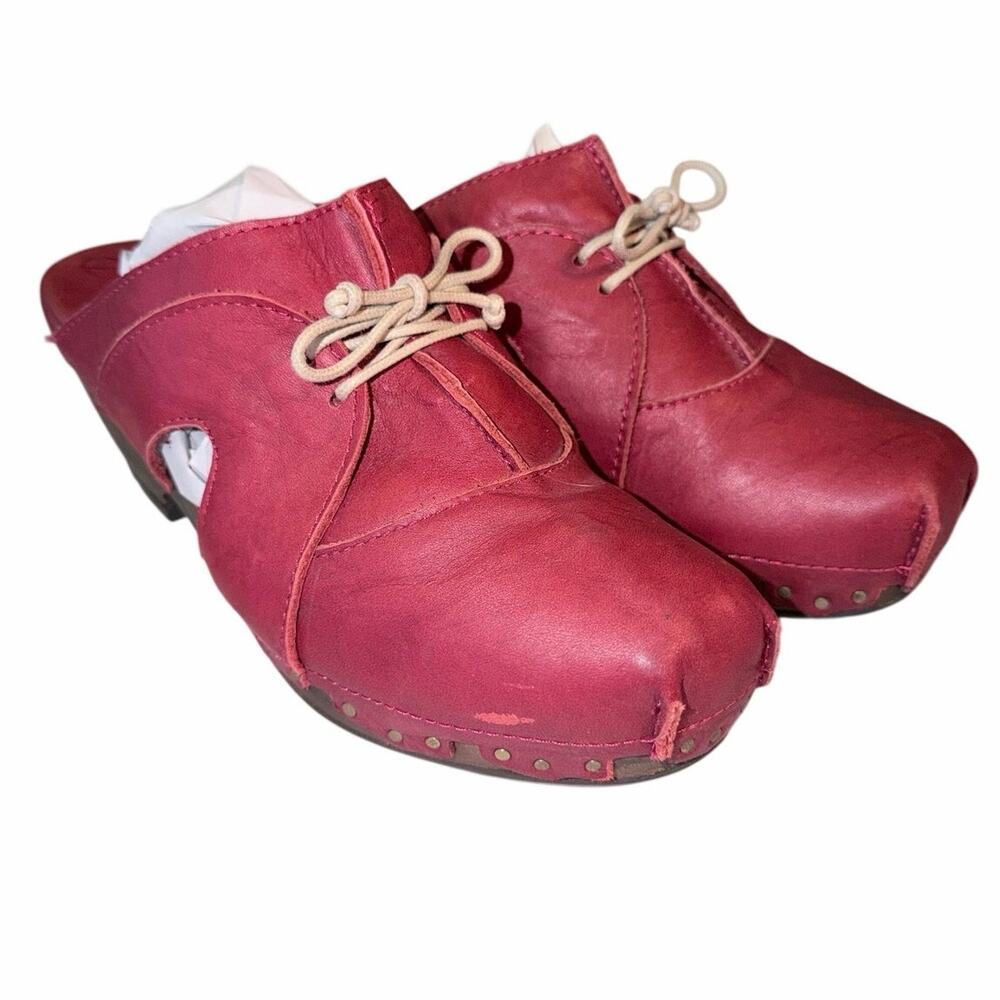 Sergio tomani red leather mule clog lace up detail EU39 US 8 lagenlook retro fun